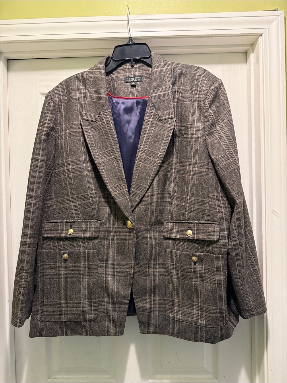 J.Crew Vivienne Blazer Italian Wool Blend  Plaid Gold Crest Buttons - Size 22